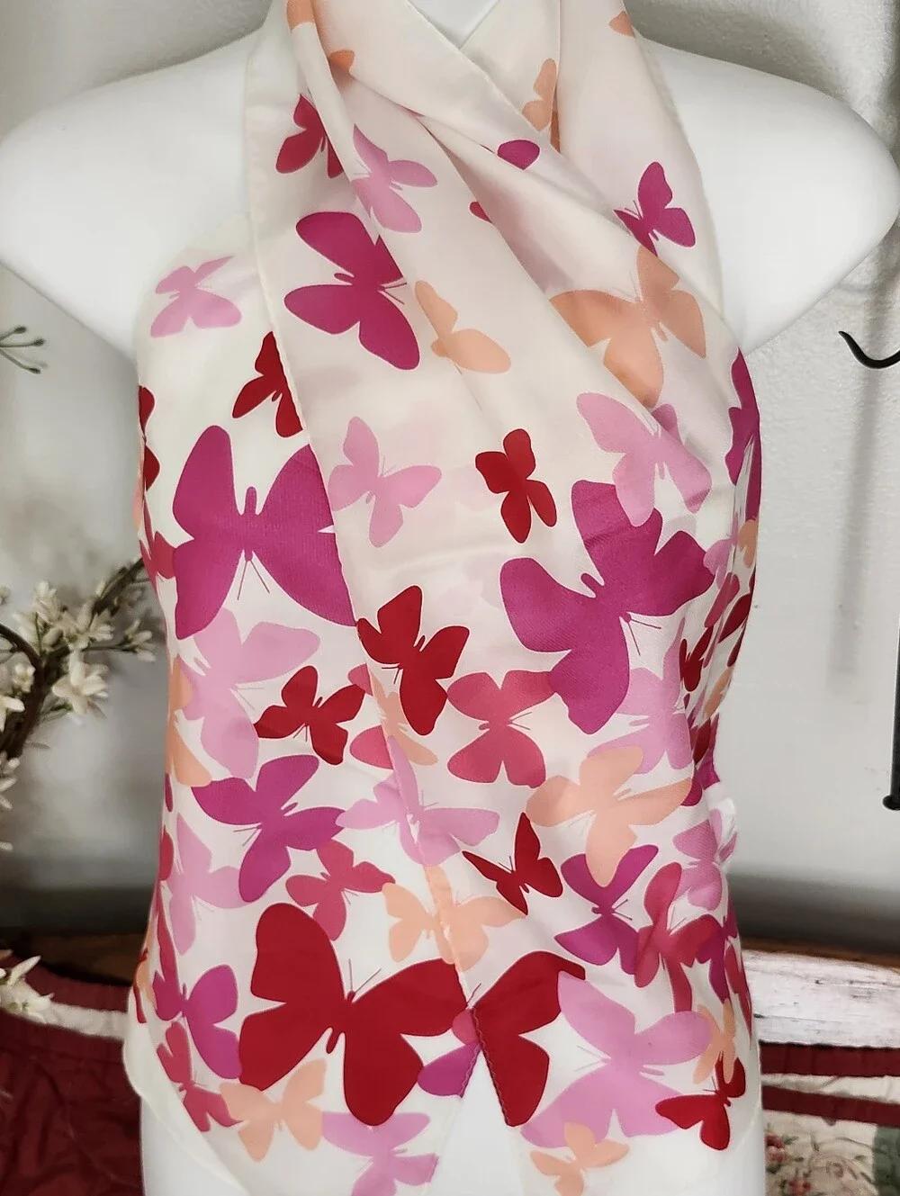 VTG ECHO Butterfly Print Silk Scarf In Pink & Peach